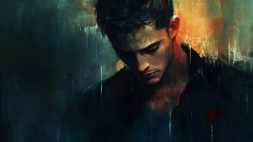 Brooding ember-hearted portrait in rainwashed shadows.