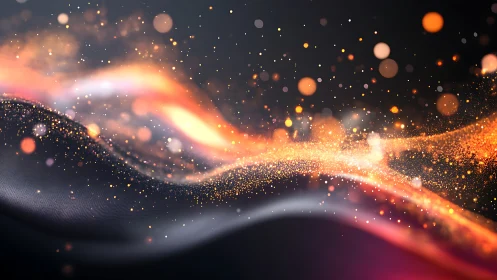 Glowing orange particles swirl above dark abstract waves.