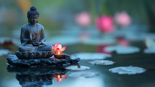 Buddha statue with lotus candle on reflective water surface.
