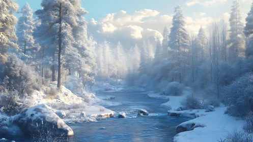 Silent winter river winds through frostlit evergreen forest