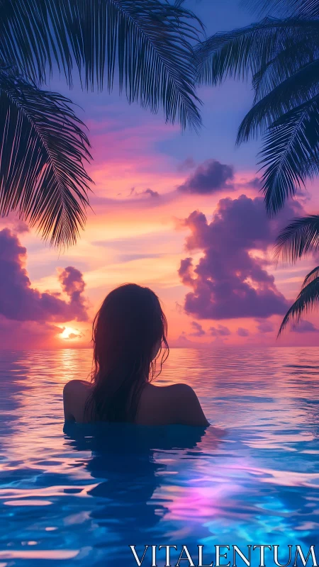 Backlit swimmer in neon-tinted tropical ocean sunset panorama
