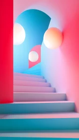 Chromatic gradient staircase with volumetric spheres in ascent.