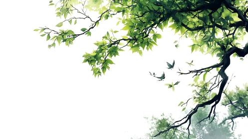 Sunlit tree branches with green leaves and birds, digital art style.