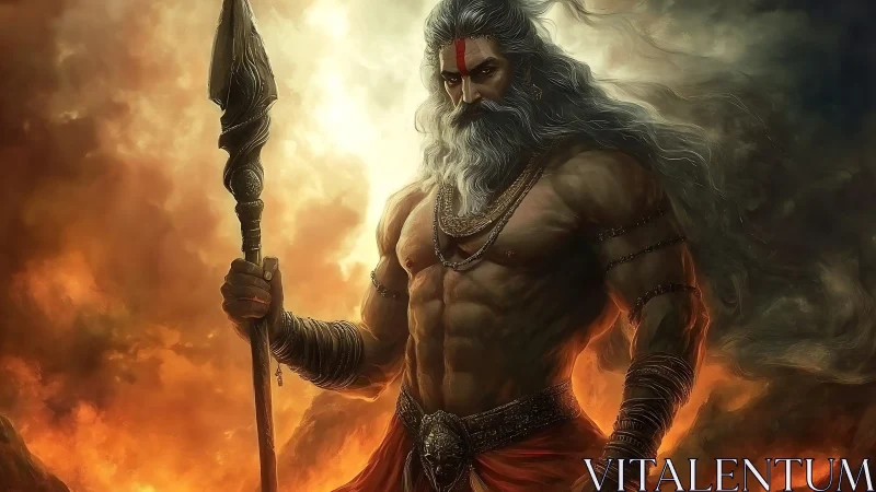 Storm-lit warrior sage stands strong in swirling firelight