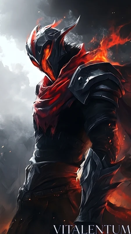 Flaming dark knight stands amid smoke and rising embers