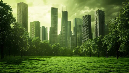 Futuristic green city skyline rises beyond luminous urban park