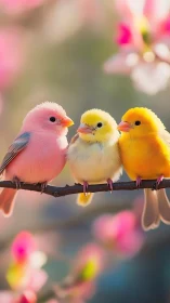 Trio of pastel-colored songbirds on branch in soft focus.