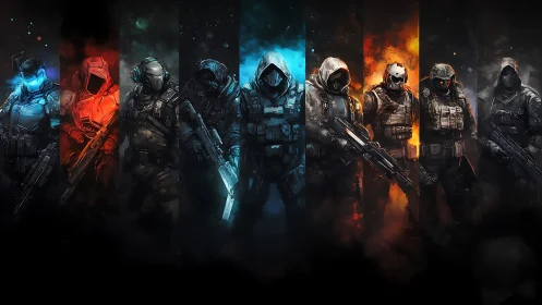 Futuristic tactical squad aligned in chromatic warzone panorama