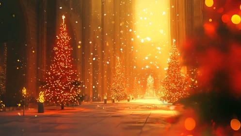 Cathedral Christmas trees glow under golden snowfall.