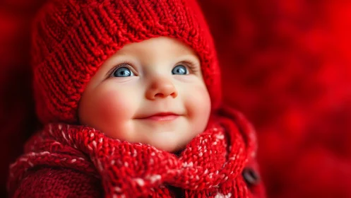 Infant in Crimson Knitwear Against Monochromatic Red Background.