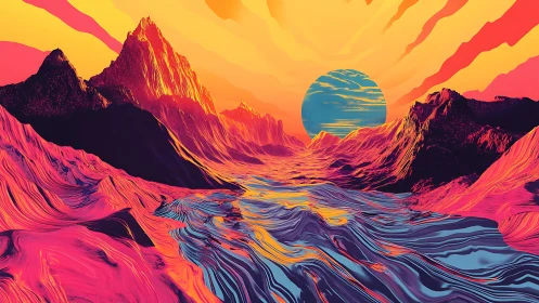 Digital painting of neon mountains and river under synthetic sun.