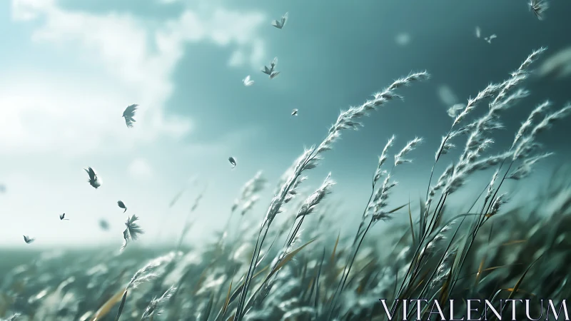 Serene Meadow with Tall Grasses and Butterflies in Soft Light.