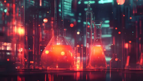 Futuristic Chemistry Lab with Glowing Glassware, Digital Art Style.
