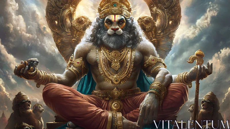 Lion-headed deity sits enthroned amid stormlit golden clouds.