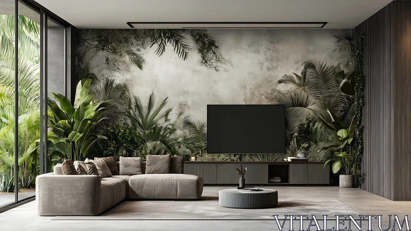 Contemporary living room integrates greenery and wall mural
