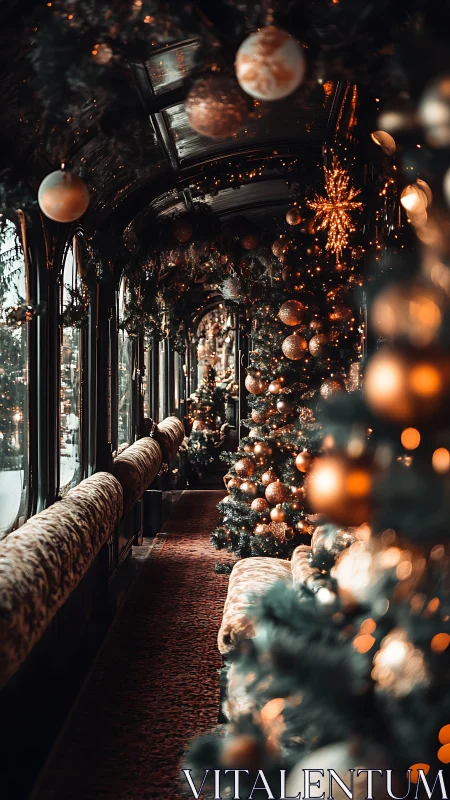 Golden holiday decor glowing inside vintage train carriage.
