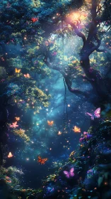Digital painting of luminous butterflies in enchanted forest canopy.