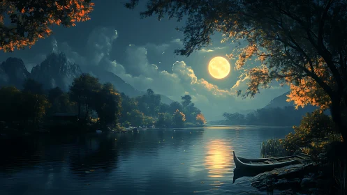 Luminous full moon illuminates a tranquil forested mountain lake