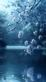 Cherry blossoms over calm reflective blue lake at dusk.