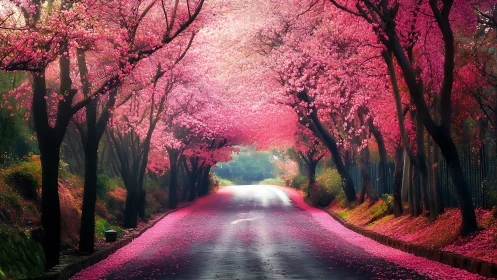 Cherry tree tunnel over wet road under diffuse spring light