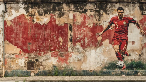 Street-side football mural racing across crumbling city wall.