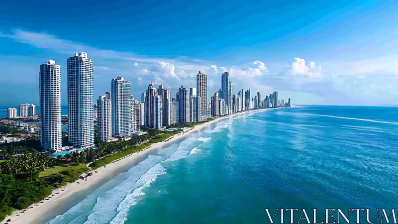 Skyscraper-lined tropical shoreline under vivid blue sky.