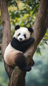 Young panda clings securely to forked tree trunk outdoors
