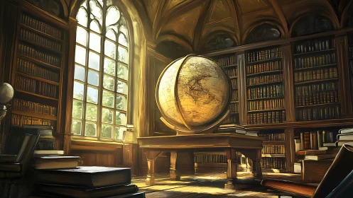 Large terrestrial globe in sunlit classical library interior.