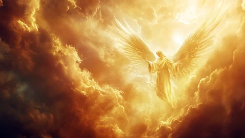 Radiant celestial angel ascending through luminous clouds.