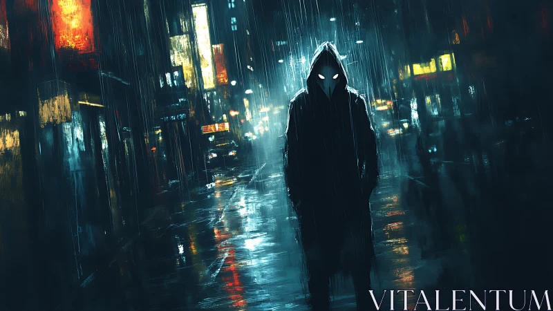 Hooded figure with glowing eyes in neon soaked night rain.