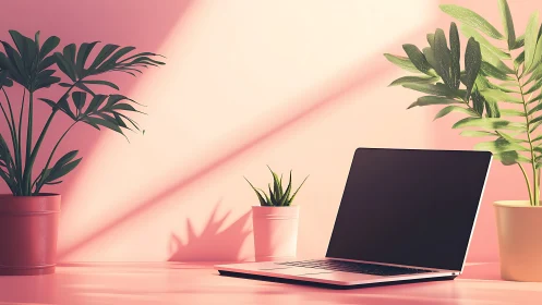 Laptop with potted plants on pink surface in side lighting.