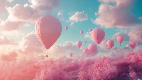 Soft pink hot air balloons drifting through pastel skies.