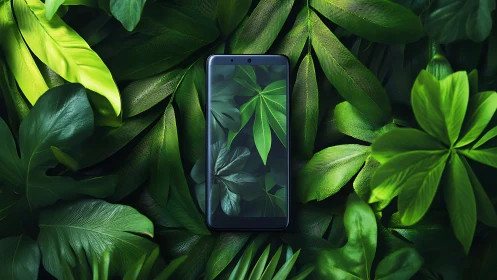 Photorealistic smartphone amid layered tropical foliage study.