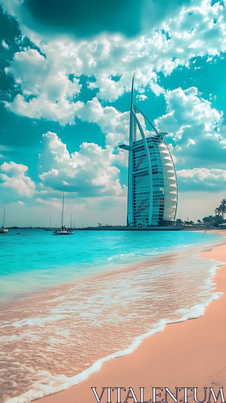 Modern sail-shaped tower beside turquoise shoreline view.