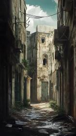 Narrow weathered alley leads toward worn turquoise door