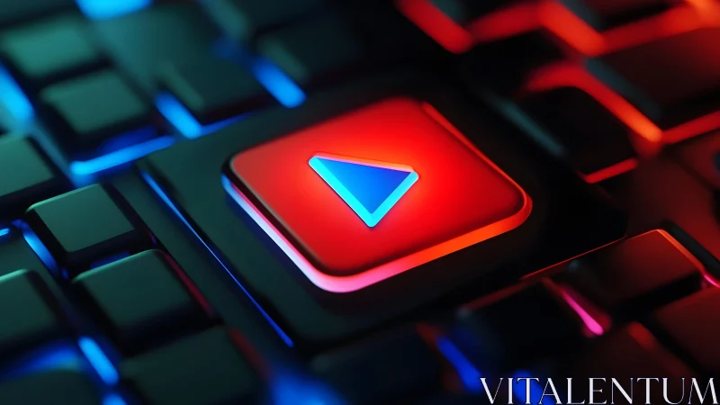 Neon Play Button on Keyboard in Futuristic Digital Art Style.