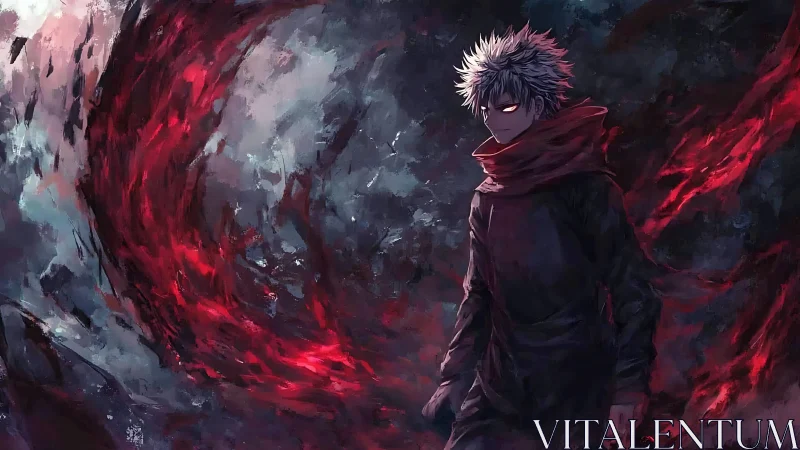 Storm-kissed anime mage walks through swirling crimson power