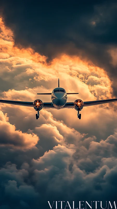 Storm-kissed propeller plane charging through molten clouds.