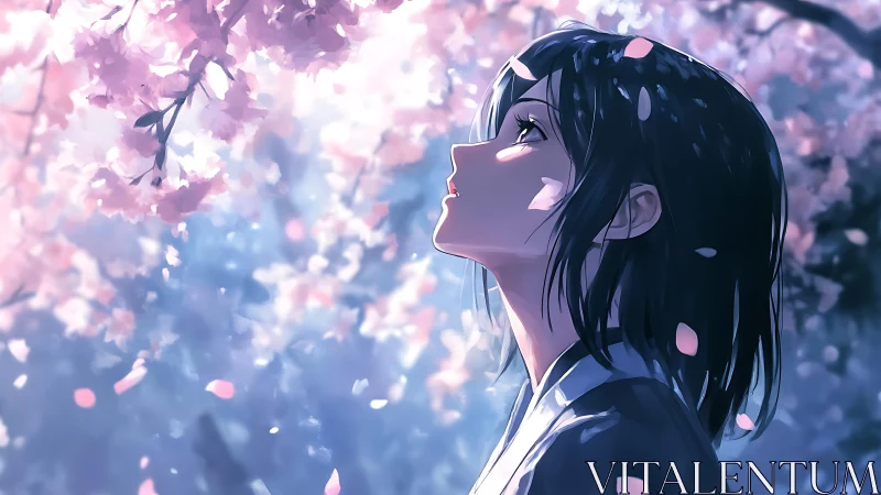 Cherry blossom hush holds a girl in pastel twilight