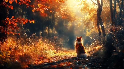 Cat in Autumn Forest Path, Warm Golden Light, Dreamy Style.