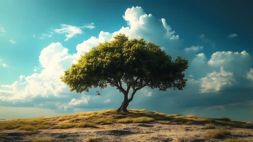Lone Tree on Hilltop Against Dramatic Clouds, Realistic Landscape.