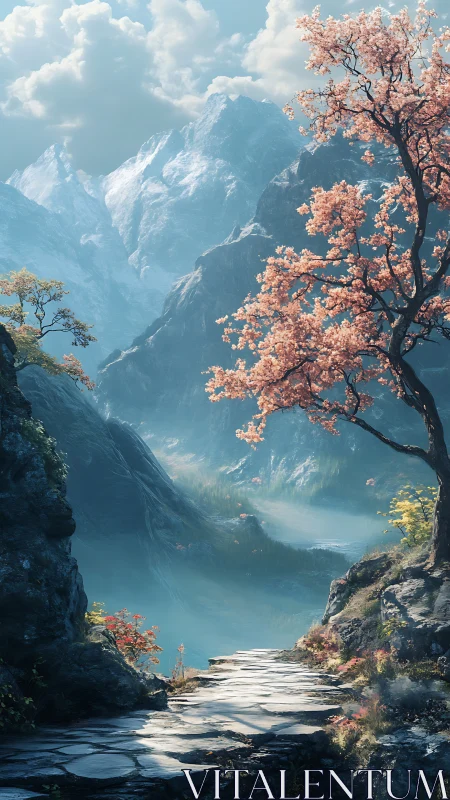 Serene stone path beneath blossom tree in misty mountains.