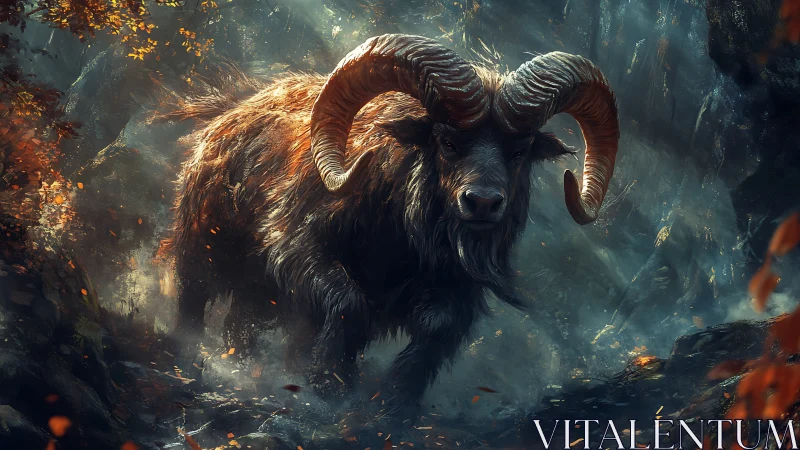 Large horned beast moving through misty forest terrain.