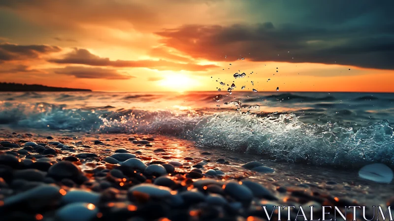 Sunlit surf splashes over pebbled shore at vibrant sunset.