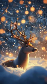 Winter stag portrait with glowing bokeh and falling snow