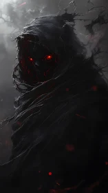 Hooded wraith with ember-lit skull face rendered in high-contrast chiaroscuro