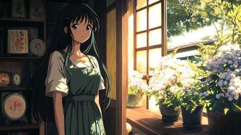 Soft morning light with a thoughtful girl by blooming flowers.