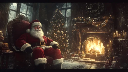 Santa in luminant hearthside chamber, cinematic yuletide tableau.