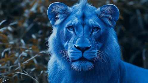 Calm blue lion gazing softly through the twilight forest.