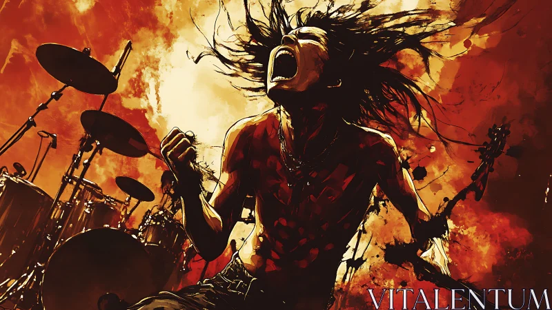 Digital illustration shows rock musician performing on stage